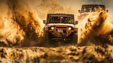 A group of off-road trucks competing in a desert race, kicking up sand as they navigate through challenging terrain.