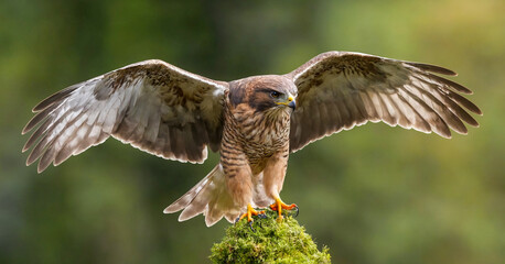 Fototapeta premium Eurasian Sparrowhawk lands with its wings spread, reflecting the beauty and strength of this bird of prey.