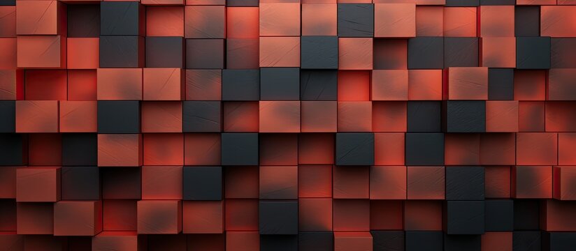 A closeup image of a symmetrical red and black checkered pattern on a brick wall, creating an artistic and bold statement with hints of magenta tints and shades