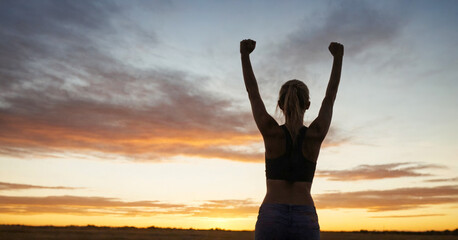 Fototapeta premium Silhouette of confident woman raising her hands in triumph against sunny sky, symbolizing success and empowerment.
