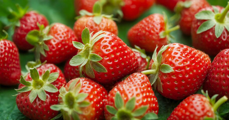 Close-up of juicy ripe strawberries, vibrant red background