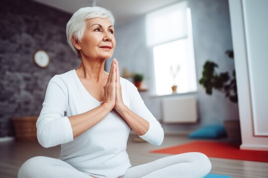 fitness, senior woman and yoga with meditation for peace, calm and wellness in a gym in home