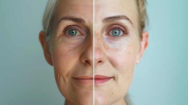 Side-by-side comparison between a old and young caucassian woman's skin made with Ai generative technology, People are fictional