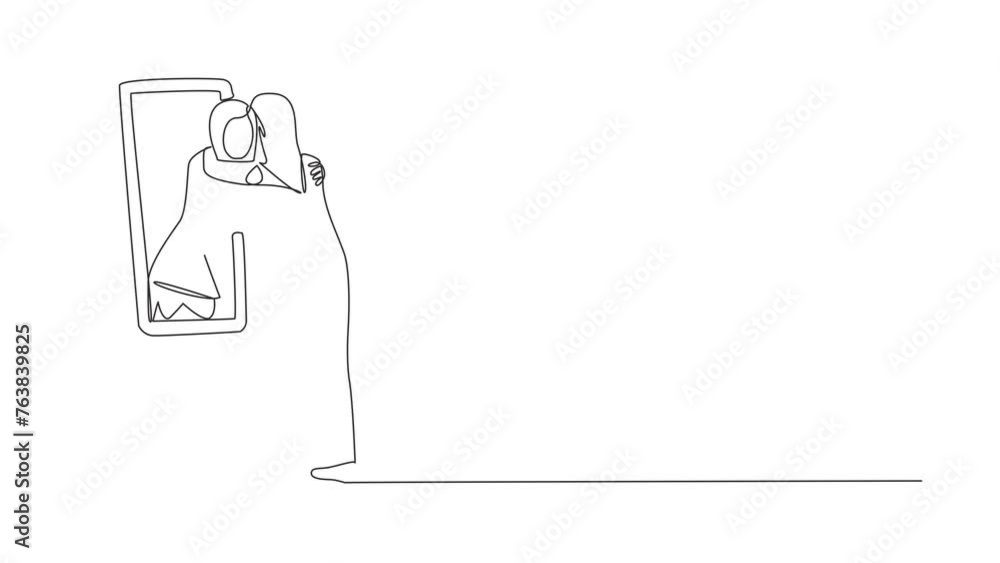 Poster animated self drawing of single continuous line drawing of young arabian woman stand in front of mir