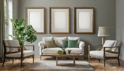 modern living room with 3 empty picture frames