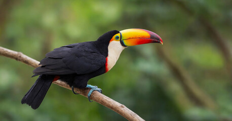 Fototapeta premium Vibrant toucan set perched on branch, showcasing its colorful plumage and distinctive beak.