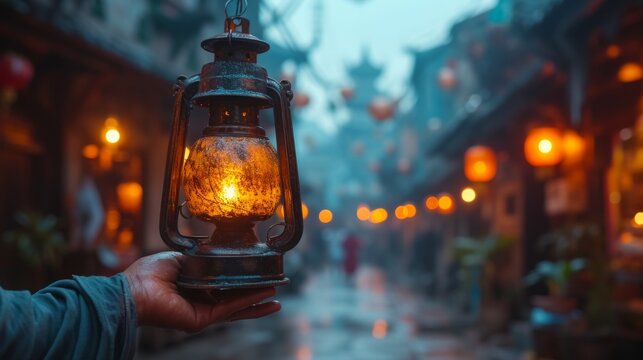A rustic lantern glows warmly in a person's hand, casting a soft light on a misty, lantern-lit street. The scene captures a blend of tradition and tranquility in an old town setting.