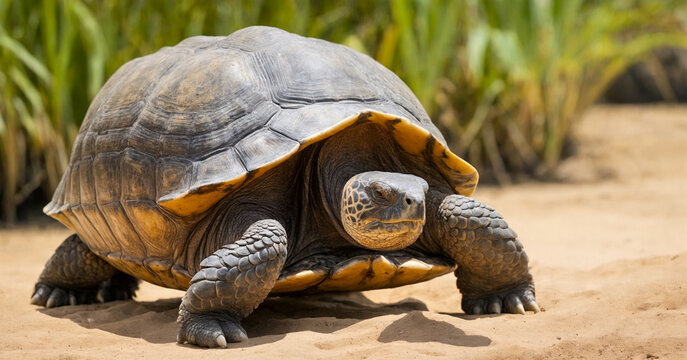 Close-up of giant galapagos tortoise, showcasing its ancient features and protective shell, against backdrop of lush greenery on the island.