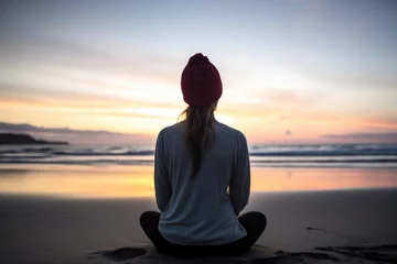 Foto op Plexiglas woman, meditation and yoga on beach for peace of mind or zen © Sergey