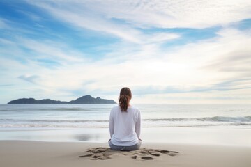 Fototapeta na wymiar meditation, retreat and woman in zen meditation pose on the beach with peace of mind