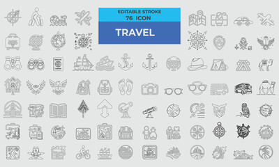 Fototapeta na wymiar 76 Stroke Icons for Travel set in line style. Excellent icons collection. Vector illustration.