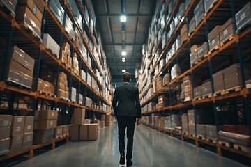 Businessman walking through a large logistics warehouse or goods center with high shelves - Topic trade and logistics center - 763840272