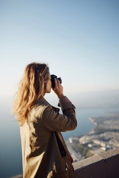 shot of a young woman taking pictures with her camera while looking at the view