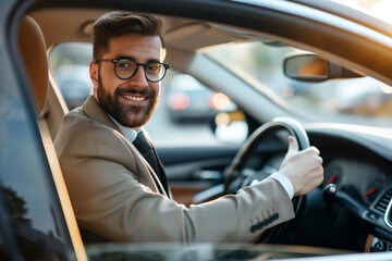likeable businessman with suit and beard sits in the car at the steering wheel and smiles into the camera - topic company car and driver's license - obrazy, fototapety, plakaty