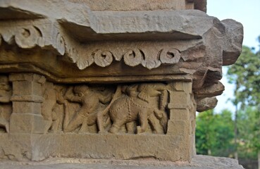 Elaborate and precise carvings in sculptures are intricate works of art created from a diverse range of materials, showcasing enchanting shapes and textures at khajuraho group of monuments, India