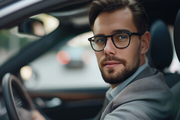 likeable businessman with suit and beard sits in the car at the steering wheel and smiles into the camera - topic company car and driver's license - 763840495