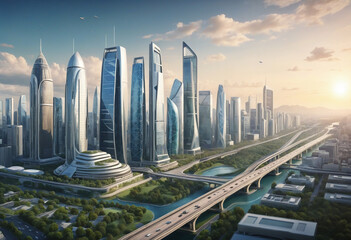 Illustration of futuristic city with modern skyscrapers colorful background