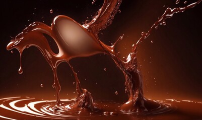 Splashes of liquid chocolate with drops and splash pattern on a dark background. Generative AI