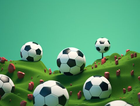 a group of football balls on a green hill