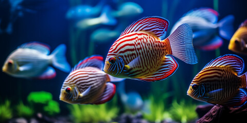 Tropical sea underwater fishes on coral reef. Aquarium oceanarium wildlife colorful marine panorama...