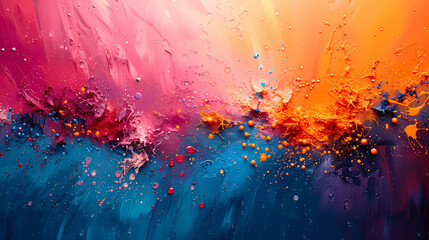Abstract background with colorful paint splashes and bubbles in the style of blue, orange, pink, purple and red colors