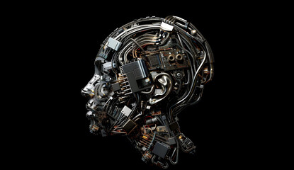 An artificial intelligence robot cyborg woman with machine parts integrated into her face, set against a black background. Concept of future technology and advancements in artificial intelligence.
