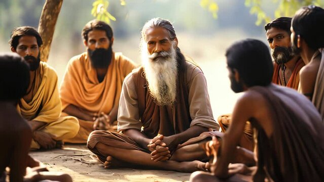 Old Indian guru surrounded by his disciples