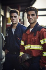 shot of a young fireman and paramedic standing outside