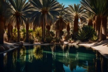 Fototapeta premium Secluded mini pond in a desert oasis, with palm trees casting shadows on the still water, creating a serene and unexpected haven