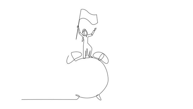 Animated self drawing of one line drawing of young Arabian businessman standing on giant alarm clock raising flag in hand. Business success when the deadline ends. Full length single line animation