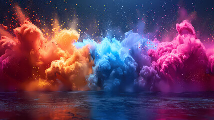 Colorful explosion of paint on dark background; 3d rendering illustration; Color powder splash in water; Colour mixture