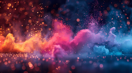 Abstract colorful powder explosion on dark background, vibrant color dust splash; 3d rendering illustration with bokeh effect - obrazy, fototapety, plakaty