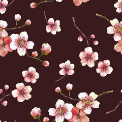 Watercolor blooming branch from tree, sakura, cherry buds and flowers seamless pattern Spring blossoms, springtime watercolor clipart for fabric print Hand drawn isolated illustration dark background