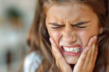 Young girl with toothache, periodontal disease of primary teeth, gum inflammation, dental pain, health problems concept - 763841801