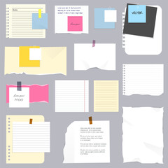 Paper notes, stickers, sticky sheets and tape. Colored ripped lined paper strips collection. Notepaper meeting reminder, office notice or information board with appointments