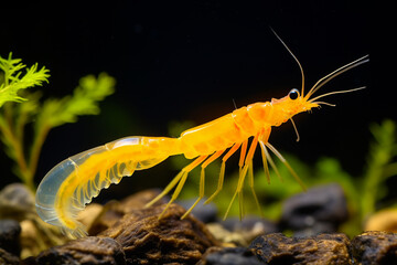 Obraz na płótnie Canvas Yellow freshwater shrimp Neocaridina heteropoda in the aquarium