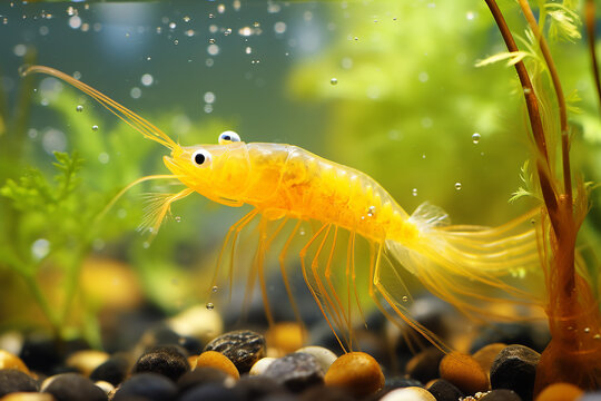 Yellow freshwater shrimp Neocaridina heteropoda in the aquarium