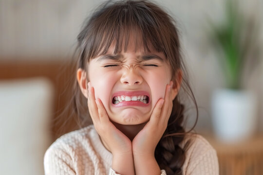 Young girl with toothache, periodontal disease of primary teeth, gum inflammation, dental pain, health problems concept