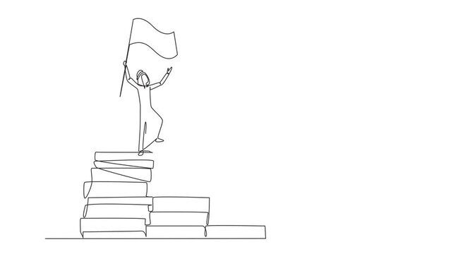 Self drawing animation of single one line drawing of Arabian businessman standing on piles of paper document raising flag. Create business plan. Winner even though a lot of work. Full length animated.