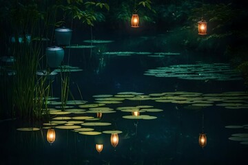 A mysterious miniature pond in a moonlit garden, with the soft glow of lanterns reflecting on the water's surface, creating a lovely ambiance.
