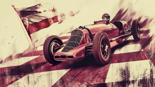 A vintage race car roaring past a checkered flag, capturing the nostalgia of history