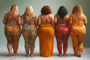 Group of fat multi ethnic plus size women in tight clothes, fashion models of different nationalities, fat obese body, back view, weight loss concept - 763842405