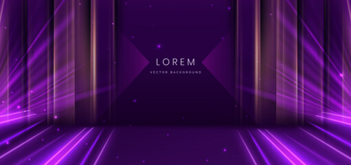 Obraz premium Elegant scene purple glowing motion lighting effect sparkle on dark purple background. Luxury design style.