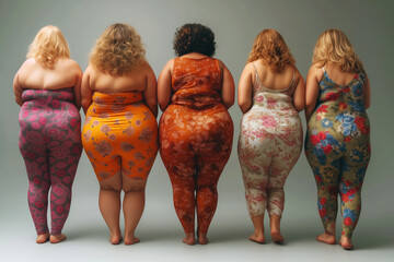 Group of fat multi ethnic plus size women in tight clothes, fashion models of different nationalities, fat obese body, back view, weight loss concept - 763842447