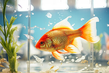 Goldfish swims in small aquarium with aquatic plants