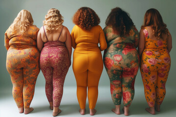 Group of fat multi ethnic plus size women in tight clothes, fashion models of different nationalities, fat obese body, back view, weight loss concept - 763842489