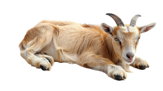 A brown goat is laying down on a white background