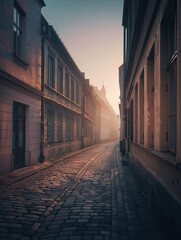 Dawn's Whisper on Cobblestones. First light caresses an old cobblestone street, casting a soft glow on historic European facades, beckoning into the distance.