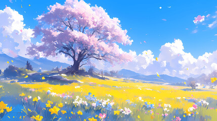 Beautiful landscape; Blossomed violet/purple tree in the meadow during spring; The sky full of clouds covers the hills and mountains