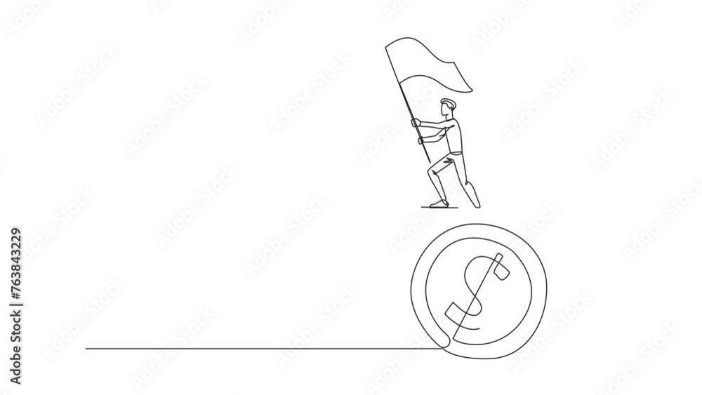 Poster animated self drawing of continuous line draw businessman standing on stack of coins raising flag. a